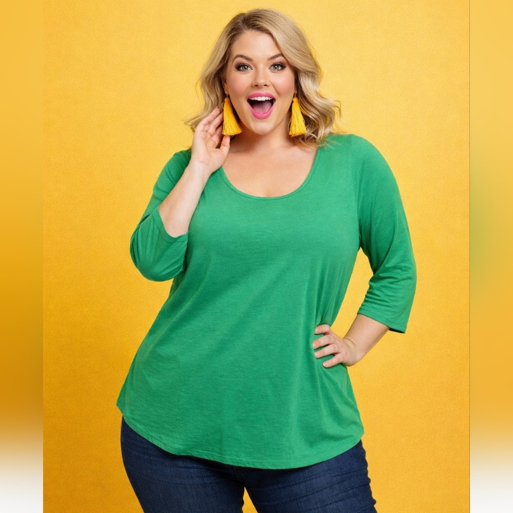 Tahari 1X Green Scoop Neck Top Plus Size 3/4 Sleeve Soft Minimalist Basic